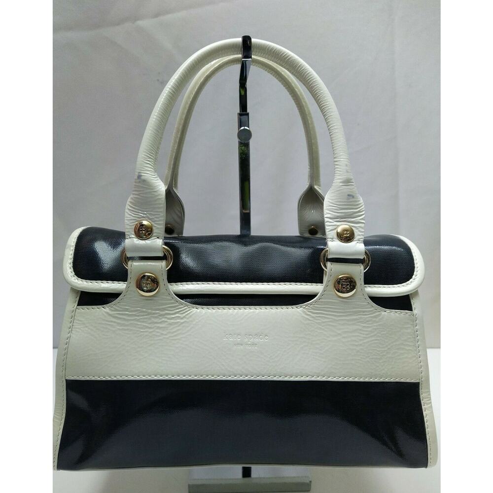 Kate Spade New York Black & White Patent Leather Double Handles Satchel Bag